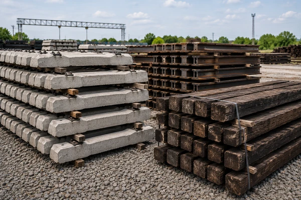 Concrete steel and wood railway sleepers